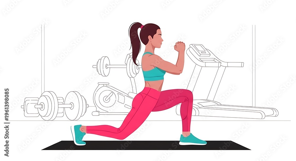Fototapeta premium Woman in sportswear performs a lunge in a gym setting with workout equipment in the background