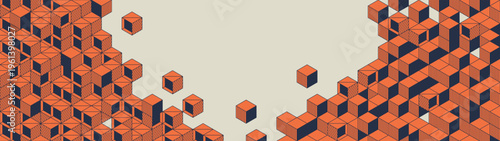 Abstract 3D block puzzle pattern with orange and Navy Blue cubes with different textures, Architecture vector isometric ornament, Brutalist geometric modular structure composition of square containers