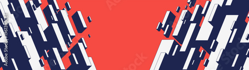 Abstract dynamic brutalist composition with isometric blocks falling from the corners, Contemporary Red and Navy blue pattern with flying 3D rectangular shapes, geometric postmodern background