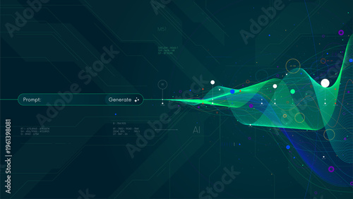 Abstract cyber visualization Artificial Intelligence concept and glowing AI generative data waves with prompt bar and search field Interface, Futuristic network infrastructure digital technology