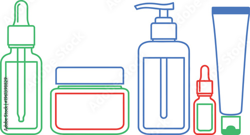 Collection of various cosmetic and skincare product containers including bottles with droppers jars and tubes