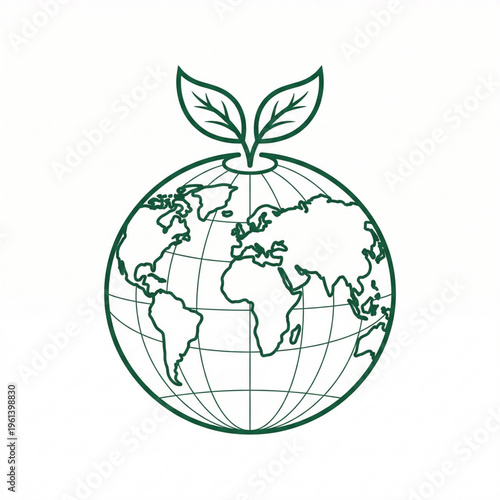 Green line art icon of a globe with leaves on top representing ecology and environmental protection