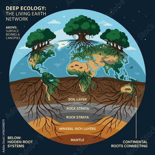 Deep ecology the living earth network concept illustration with interconnected root systems beneath the continents