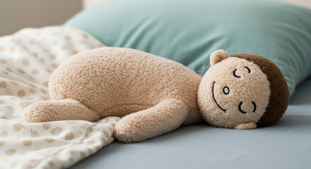 Cuddly teddy bear on bed.