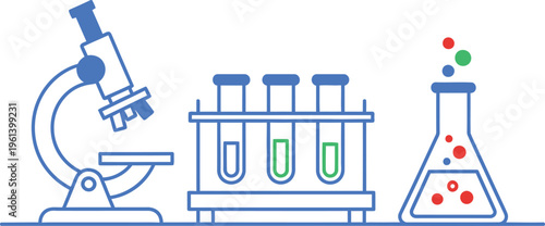 Scientific laboratory equipment including a microscope test tubes and a flask with bubbling liquid
