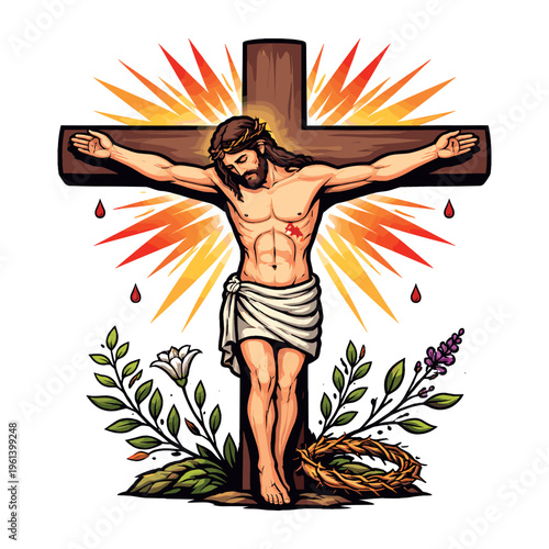 Jesus Christ crucified on a wooden cross, a crown of thorns on his head, blood droplets and a radiant background