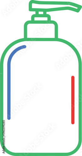 Minimalist flat design illustration of a green and blue liquid dispenser bottle with a pump mechanism