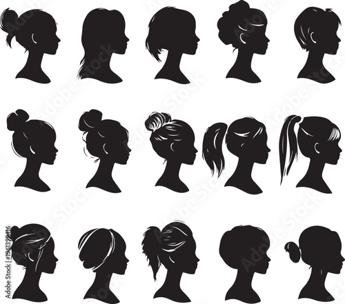 Collection of female hairstyle silhouettes.