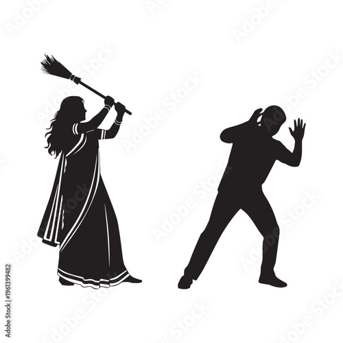 An angry woman in traditional attire swinging a broom at a cowering man.