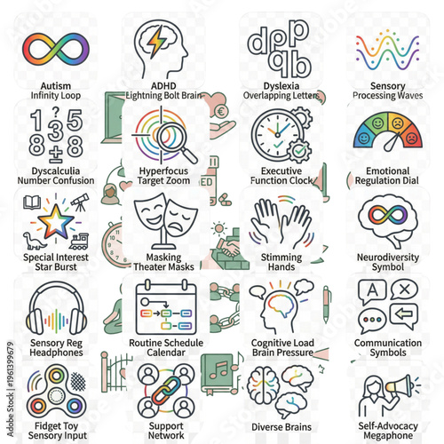 Neurodiversity icons, autism symbols, ADHD signs, sensory processing graphics, 25 neurodiverse elements