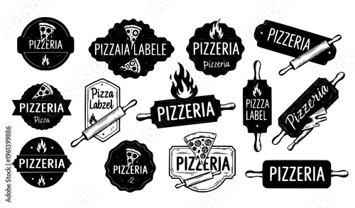 Hand drawn pizzeria labels in black and white with pizza badges and vintage style isolated on white background