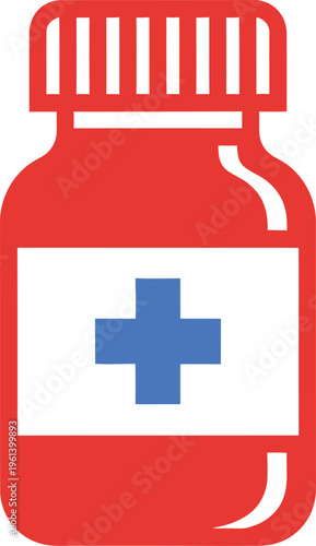 Red medical container with a blue cross symbol on a white label isolated on transparent background