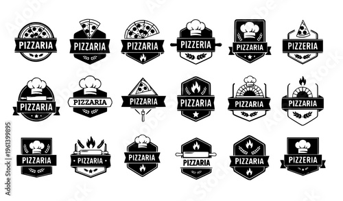 Pizzeria label set in black and white with pizza badges and vintage restaurant emblems isolated on white