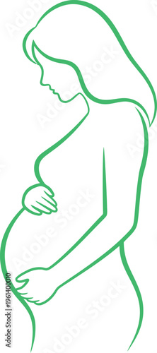 Simple green line art drawing of a pregnant woman holding her belly with tenderness and love