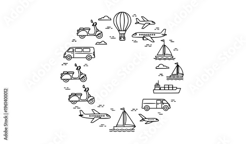 Transportation outline icons in circular layout with land air and water vehicles isolated on white