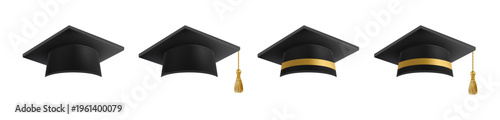 Realistic Black graduate caps set. 3D Graduation Doctoral hat.