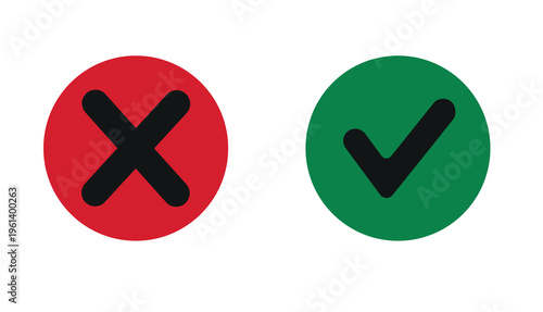 Flat Vector Icons: Mobile Payment Denied and Payment Approved Concept - Red Cross and Green Checkmark in Circles, Black Symbols for Digital Transaction Result
