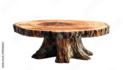 Circular wooden table made from a tree trunk, showcasing growth rings, isolated on black