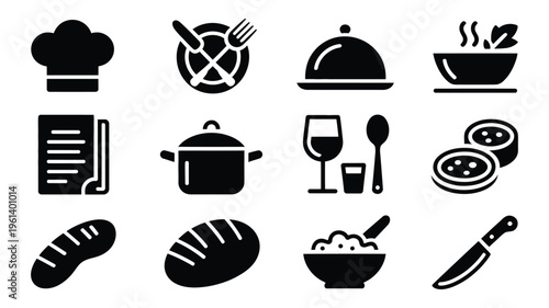 Restaurant food and drink icons set, including chef hat, utensils, plate, wine glass, bread, and covered dishes, on white background, culinary business and recipe design concept, minimal flat vector 