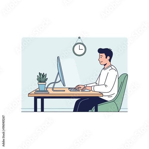Productive man working on desktop computer, typing at a modern desk with a plant in a light blue background office.