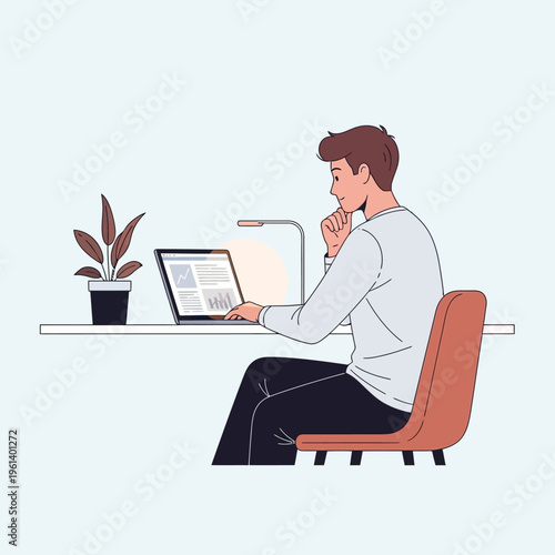 Thoughtful man analyzing data on laptop while working at a modern desk with a plant in a light cream background office.