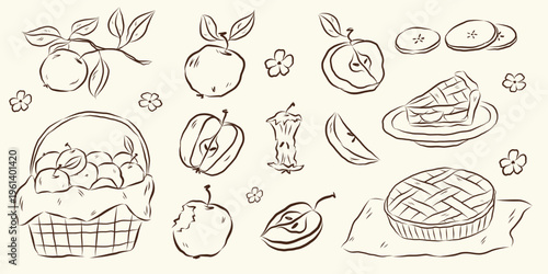 Homemade pie and apples set in line art style. Basket full of apples, pie slice, apple branch. Ideal for food icons, menus, packaging, and bakery designs. Vector hand drawn illustration.