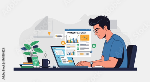 Man working on laptop computer, managing a payment gateway with fintech icons and data, with a plant, coffee, and books on a bright studio desk.