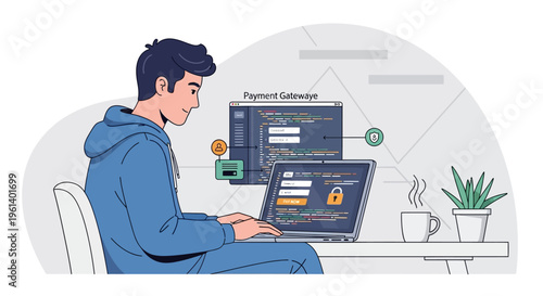 Young man in a blue hoodie coding and managing a payment gateway on his laptop at a minimalist desk.