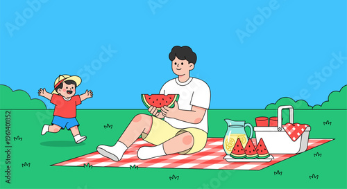 Father and Child Picnic Eating Watermelon Summer Family Illustration