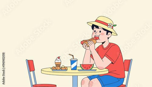 Man eating hot dog at summer cafe table flat vector illustration
