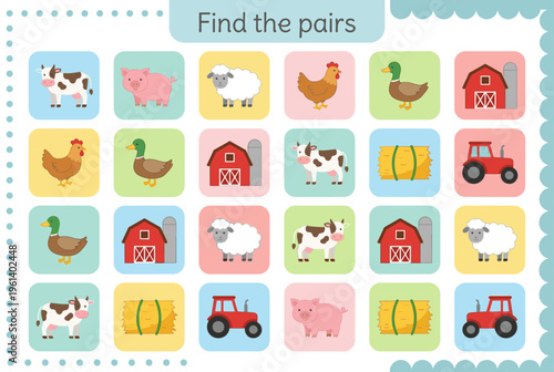 Farm-themed memory matching game for children with cute animals  