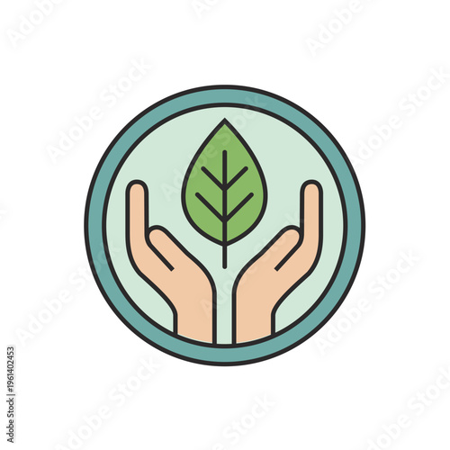 Human hands holding green leaf for environmental protection and care