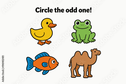 Colorful animals in a game for children featuring duck, frog, fish, camel  