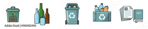 Waste management and recycling icons set with trash bins and sorted garbage elements