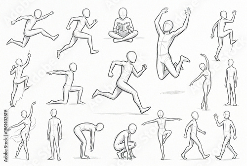 Pencil sketch illustration bundle of diverse human characters in mid-action poses: one stretching, another reading, and a third gesturing. Emphasizing clean lines and minimal shading on a pure white b