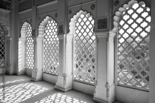 Decorative latticework and columns in an old Indian palace in black and white