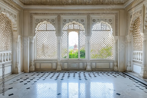 Intricate interior of a historic palace room showcasing detailed marble floor and ornate windows