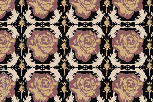 Heavy gold and taupe rose motifs in a structured brocade style, ideal for traditional home furnishings, curtains, and historical-themed decor