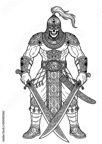 Skull Warrior with Dual Swords – Ottoman Janissary Inspired Fantasy Character Line Art Vector
