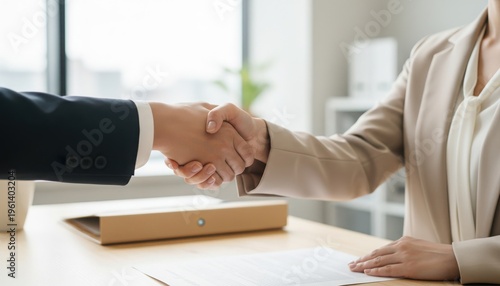 デスク越しにしっかりと握手を交わすビジネスパーソンの手元
