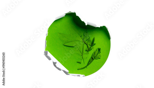 A torn paper effect revealing green leaves with a stark black background