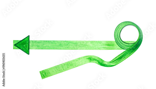 Green watercolor arrow curving into a loop on black background, representing direction