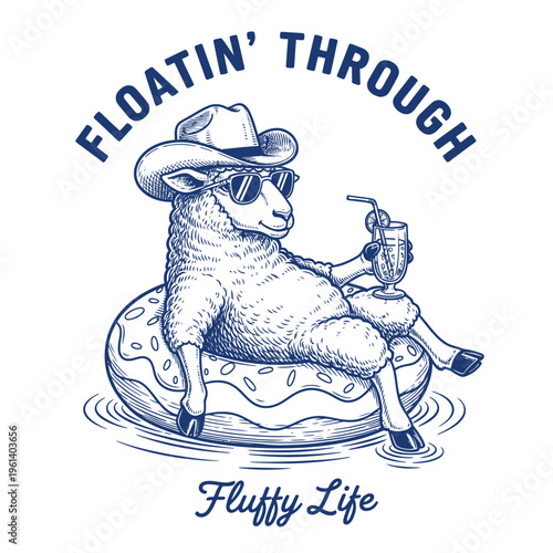 Sheep wearing sunglasses and cowboy hat.