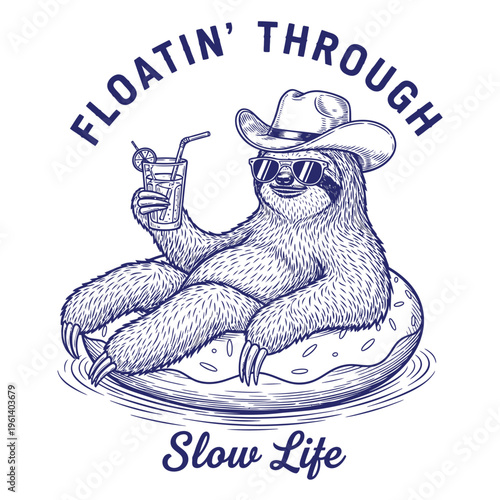 Sloth wearing sunglasses and cowboy hat.