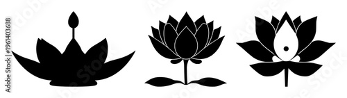 Lotus flower zen silhouette set with tranquil simple black and white line illustration featuring lotus, yoga, meditation with tranquility and mindfulness