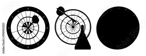 Dartboard set with bold black and white line art silhouette featuring darts, target, movement with board and player illustration