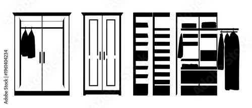 Wardrobe closet silhouette set with single line black and white illustration featuring wardrobe, closet, fashion storage with interior design and minimalist style