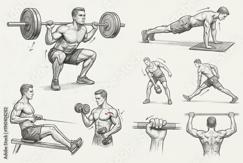collection of athletic male body pencil sketches, different workout poses, muscles definition, gym actions, lifting weights, stretching, clean background, consistent style, high detail, fitness illust