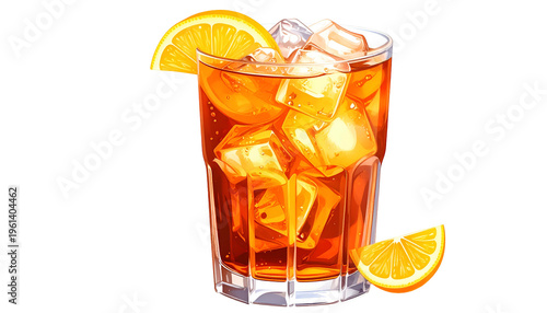 Watercolor-style depiction of a chilled beverage in a glass, with orange slice garnish