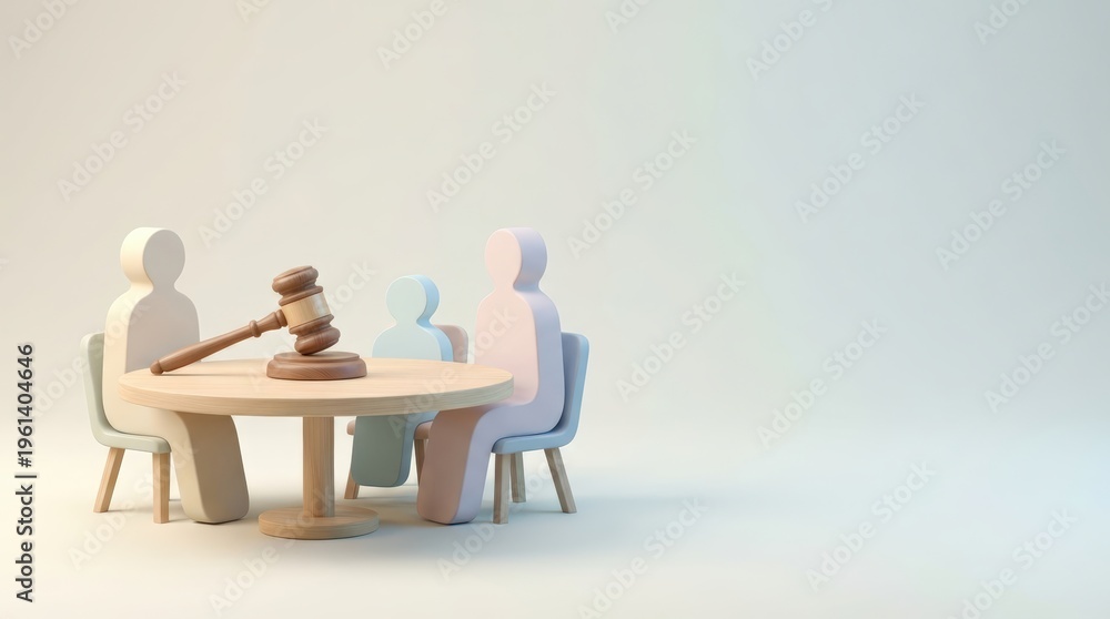 Fototapeta premium Minimal Illustration of Wooden Gavel and Abstract Silhouettes